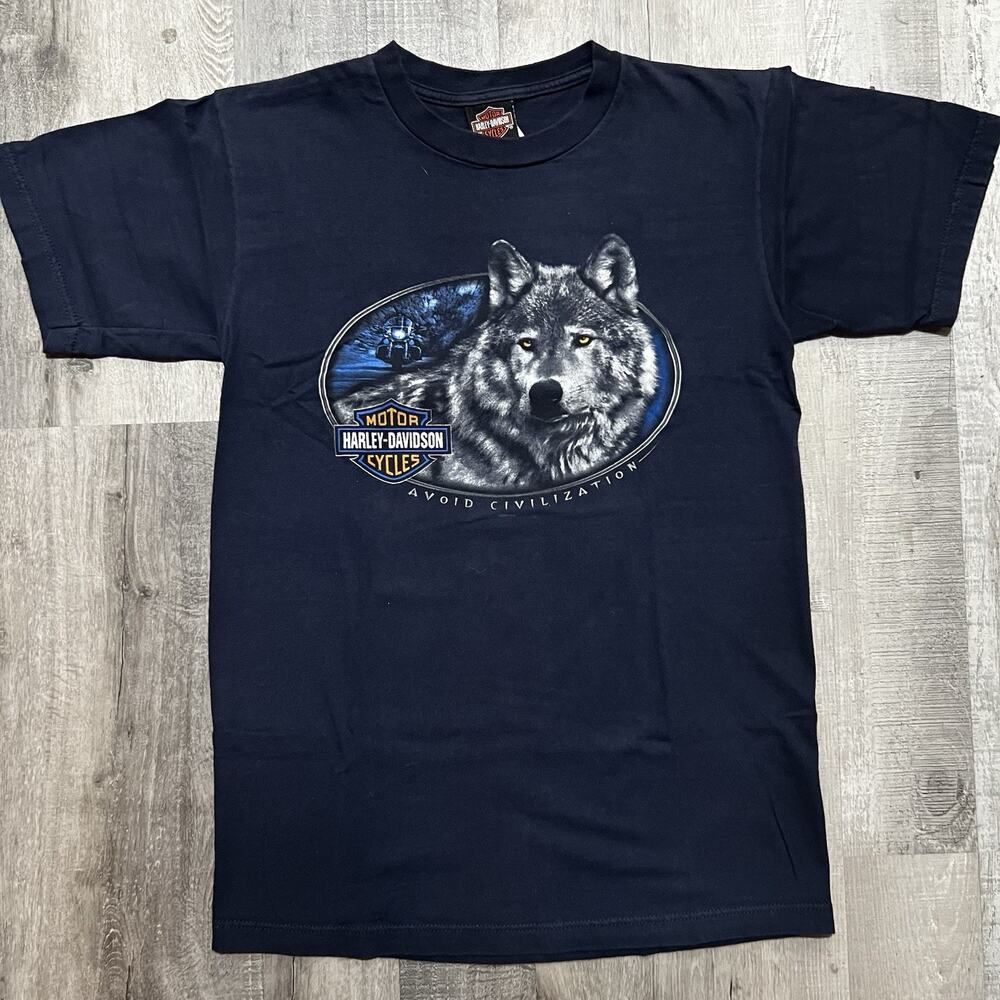 Vintage Harley Davidson Mens M T-Shirt Blue Avoid Civilization Wolf Alaska